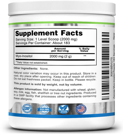 Detailed label of Zazzee Myo Inositol 2000mg reproductive support