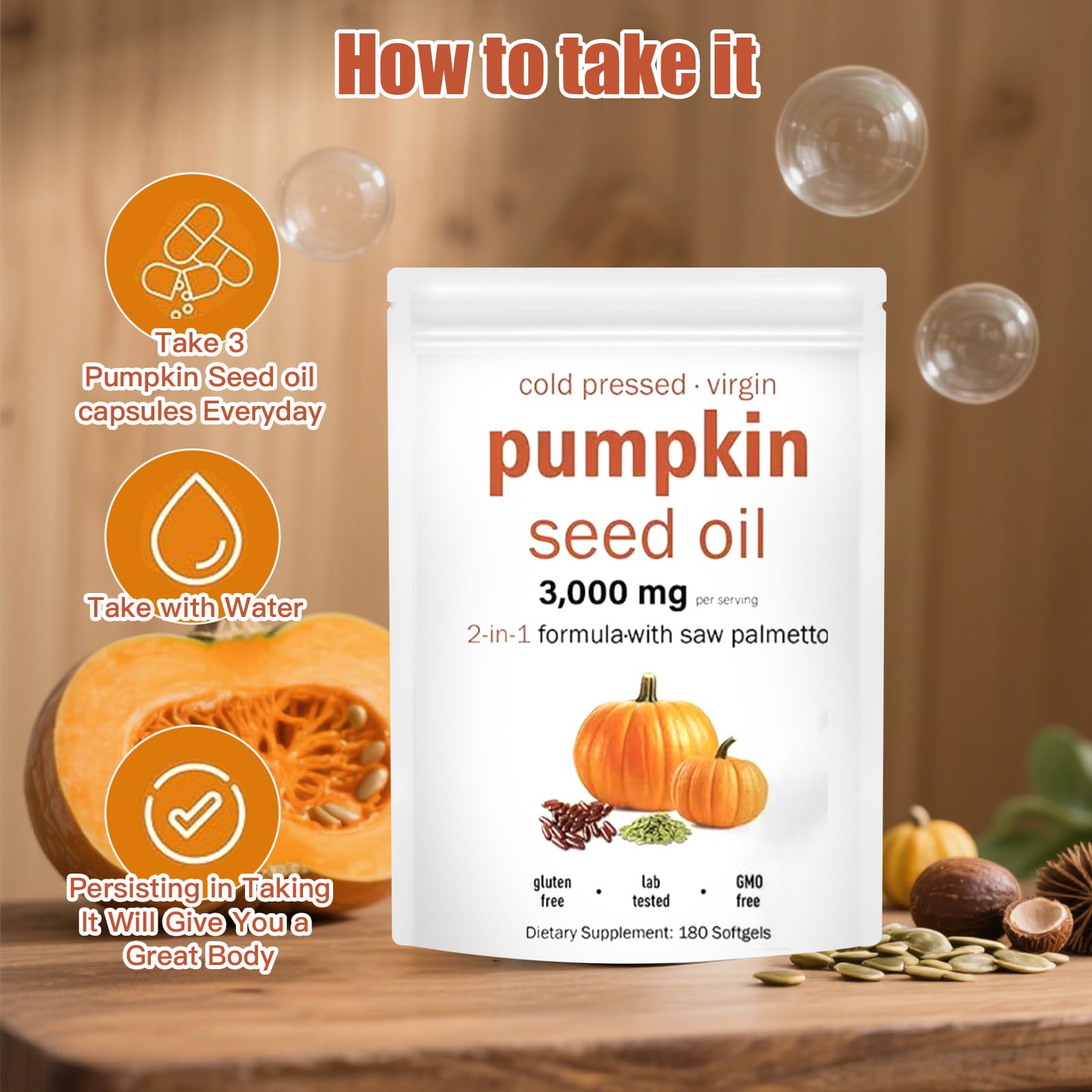 Close up of 180 softgels pumpkin seed oil supplement