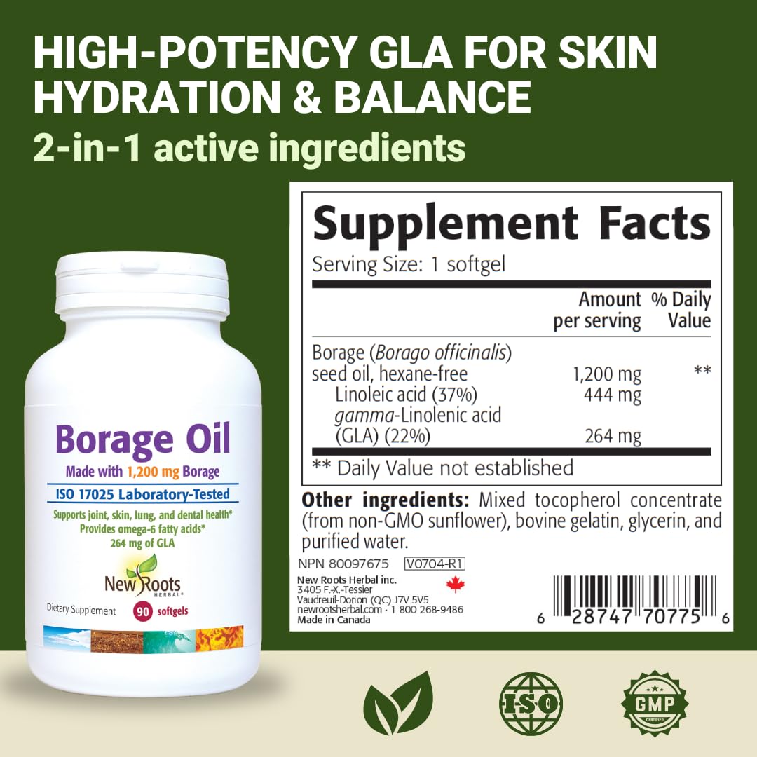 New Roots Herbal Borage Oil Supplement safety seal and cap detail