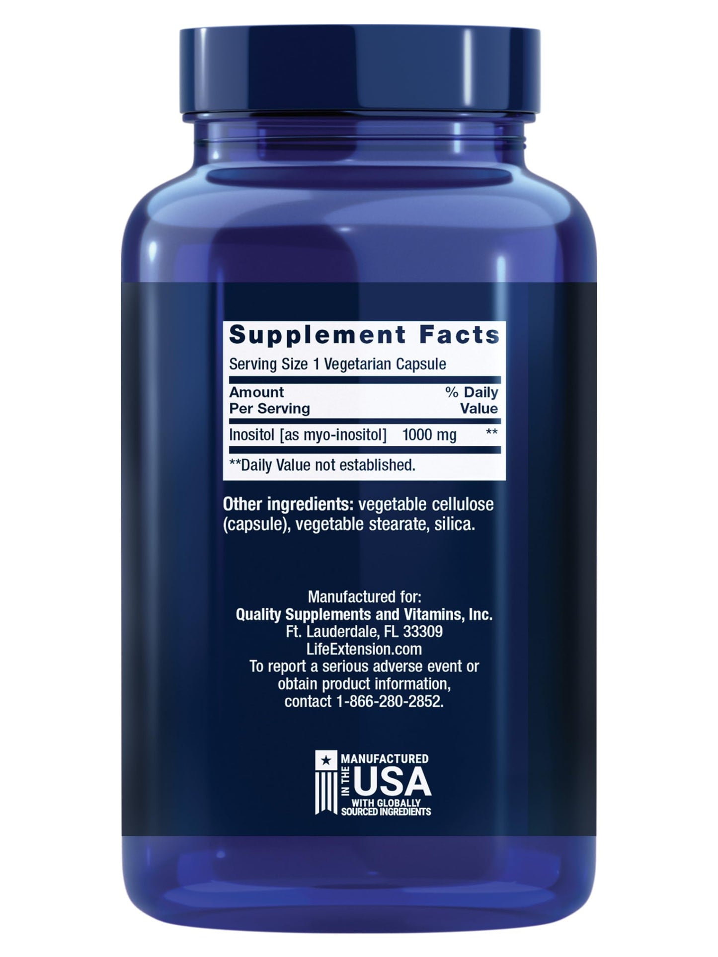 Side view of Life Extension Inositol 360 vegetarian capsules bottle