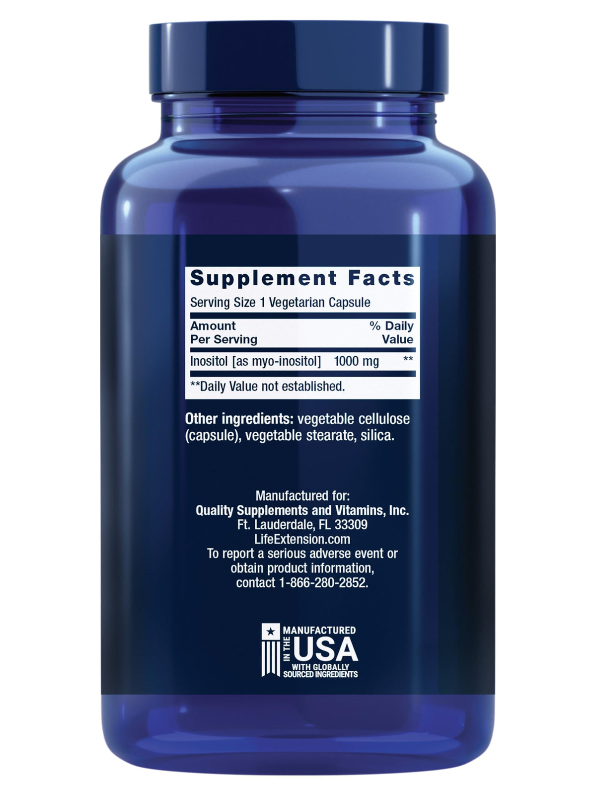 Side view of Life Extension Inositol 360 vegetarian capsules bottle