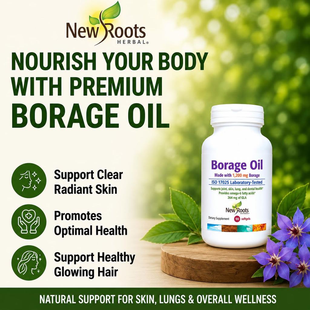 New Roots Herbal Borage Oil Supplement lifestyle display with natural elements