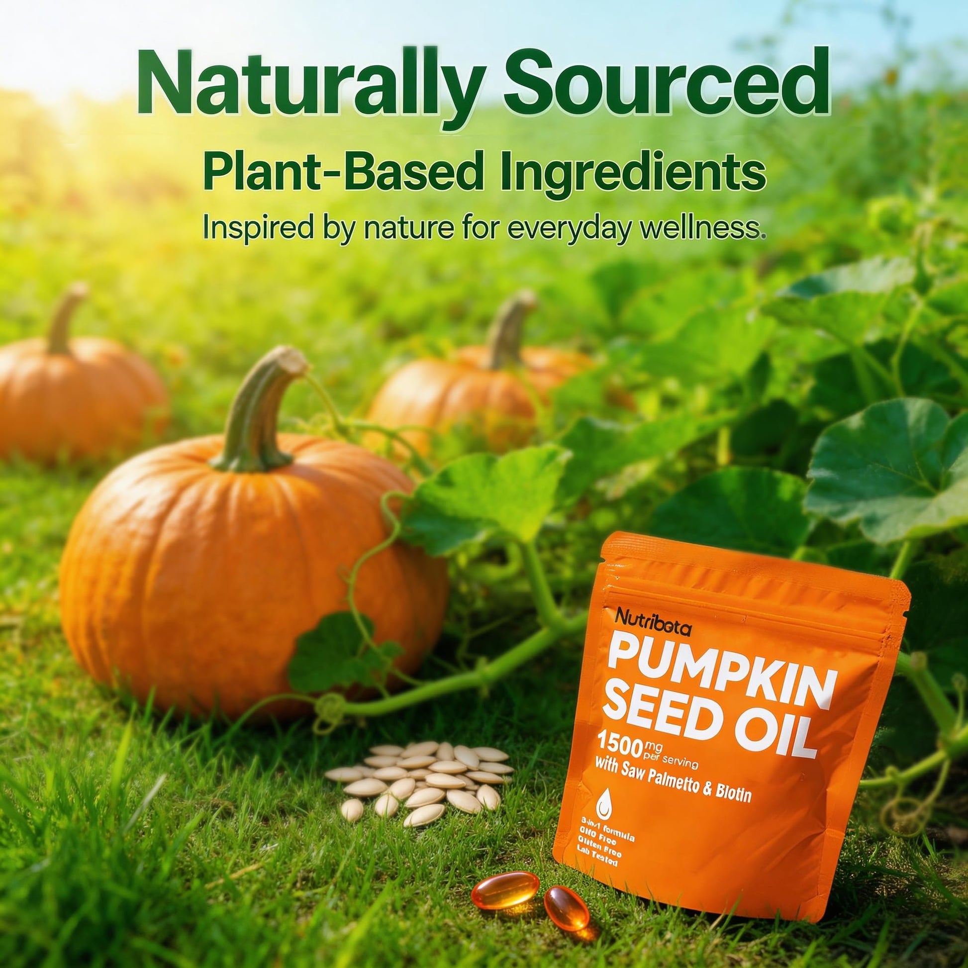 Nutribota cold pressed pumpkin seed oil bottle on neutral background