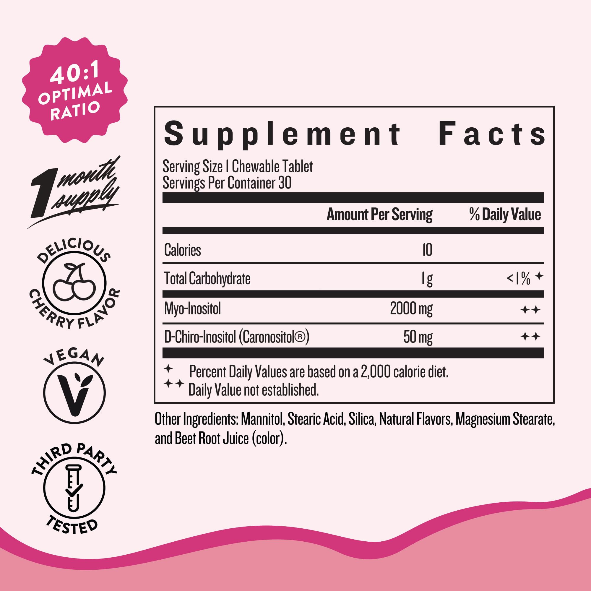 Legendairy Milk inositol supplement nutrition facts label showing ingredients and forty to one ratio.