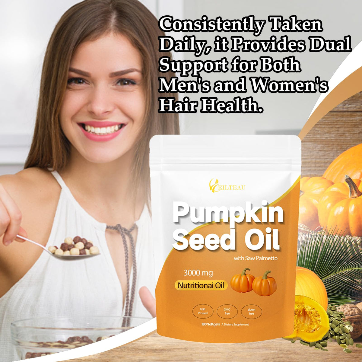 Eilteau dietary supplement pouch with key benefits for hair and prostate