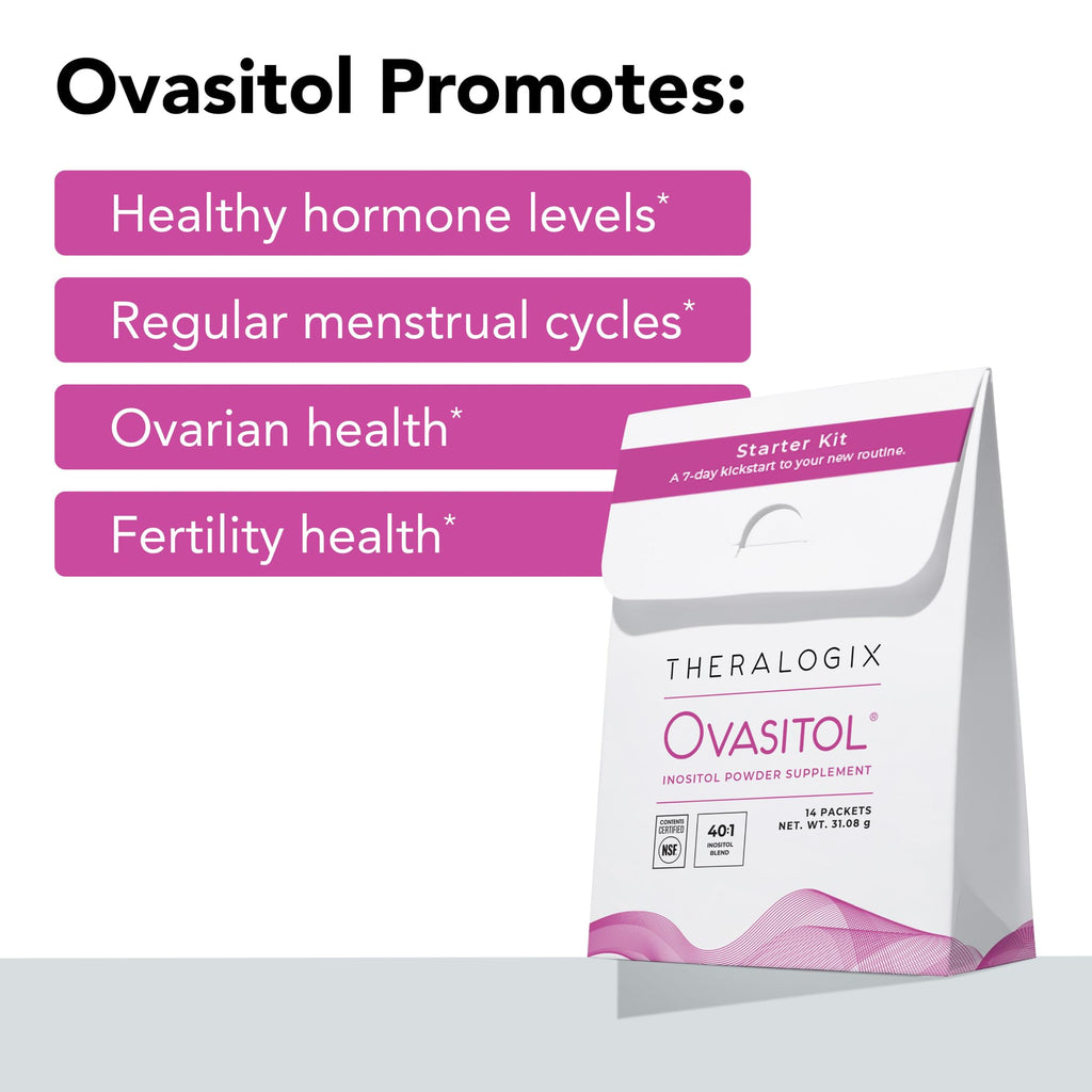 Side angle view of the Theralogix Ovasitol 40:1 ratio inositol powder starter kit box highlighting NSF certification.