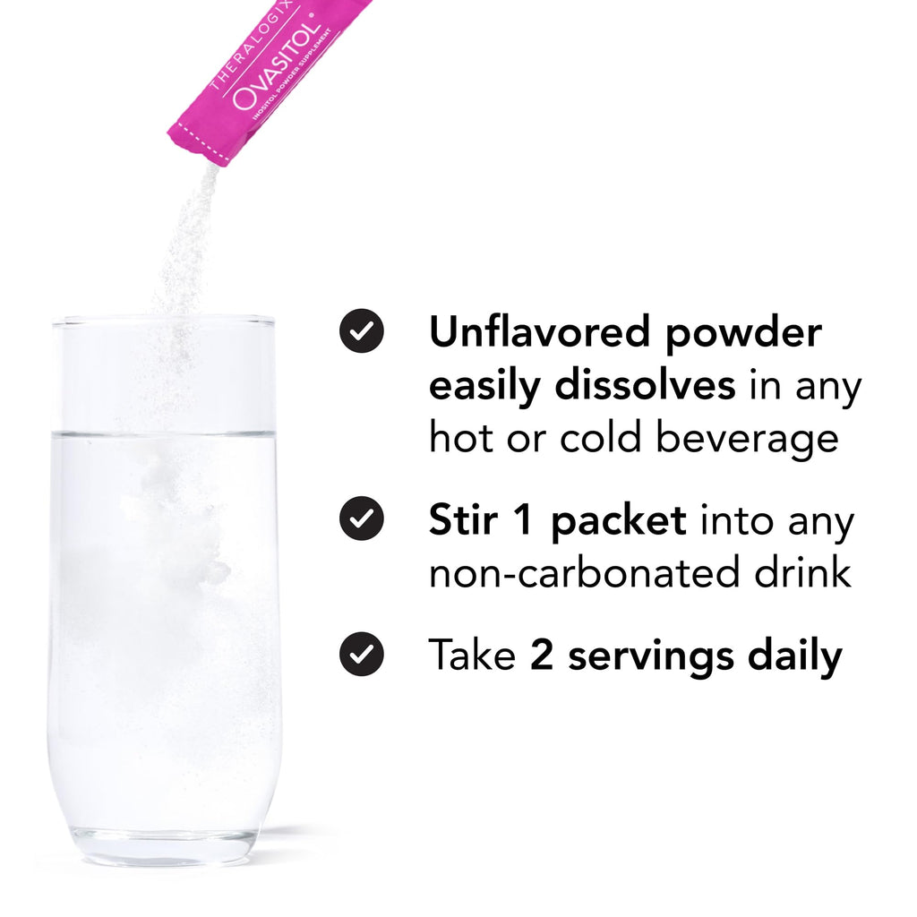 Authentic USA imported Theralogix Ovasitol powder box with clean, unflavored formulation callouts for reproductive wellness.