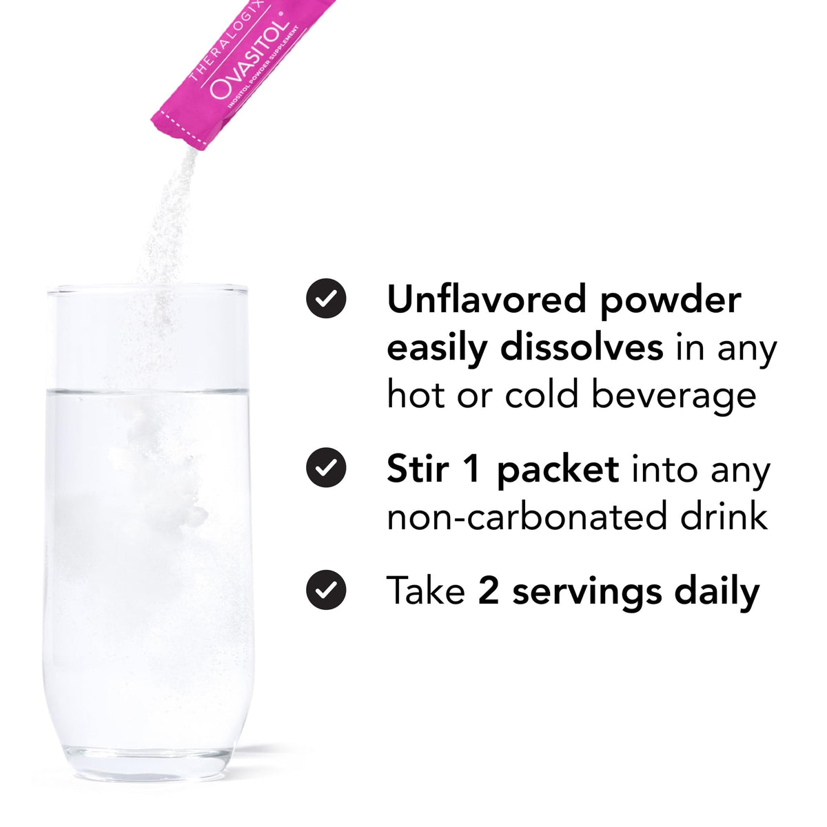 Authentic USA imported Theralogix Ovasitol powder box with clean, unflavored formulation callouts for reproductive wellness.