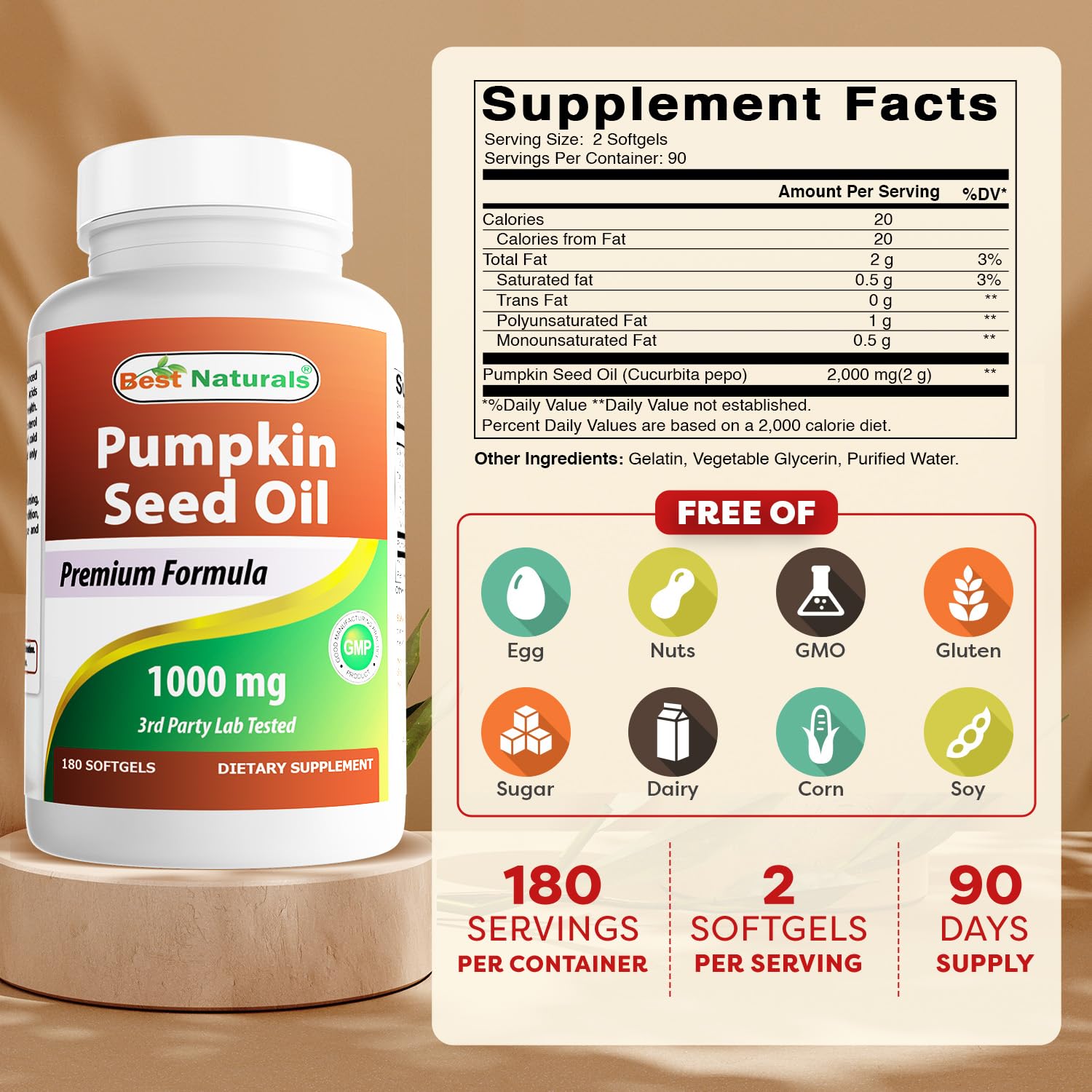 Best Naturals Pumpkin Seed Oil label showing 180 softgels