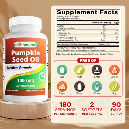 Best Naturals Pumpkin Seed Oil label showing 180 softgels