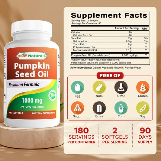 Best Naturals Pumpkin Seed Oil label showing 180 softgels