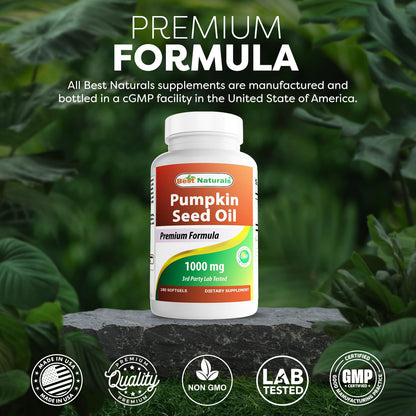 Close up of Best Naturals 1000mg pumpkin seed oil softgels