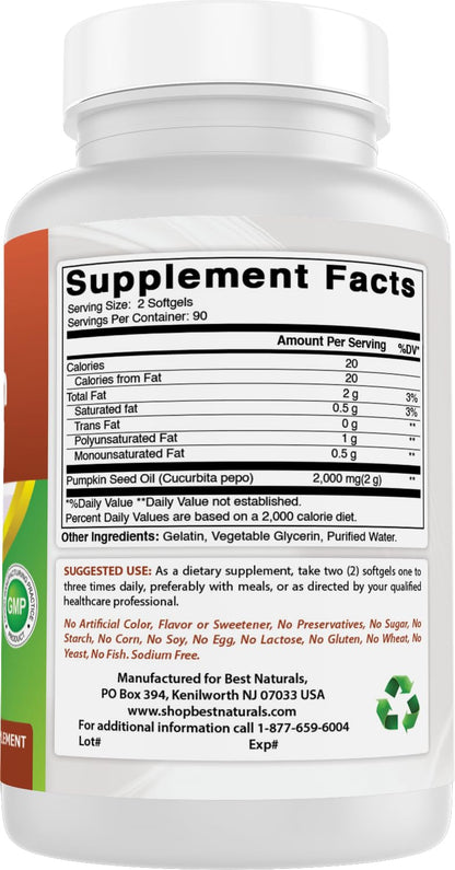 Best Naturals pumpkin seed oil dietary supplement facts label