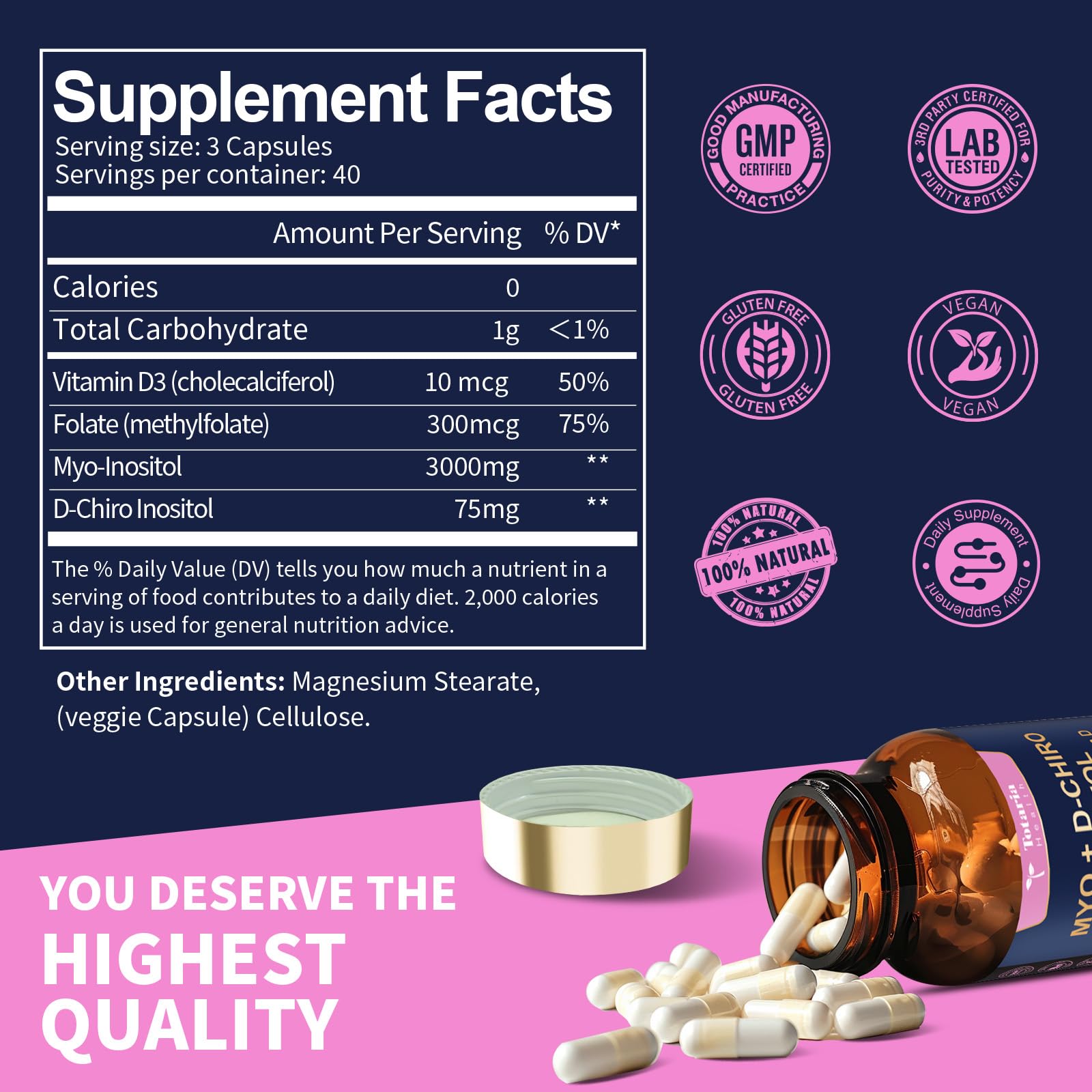Totaria Inositol supplement 40 to 1 ratio premium blend packaging details.