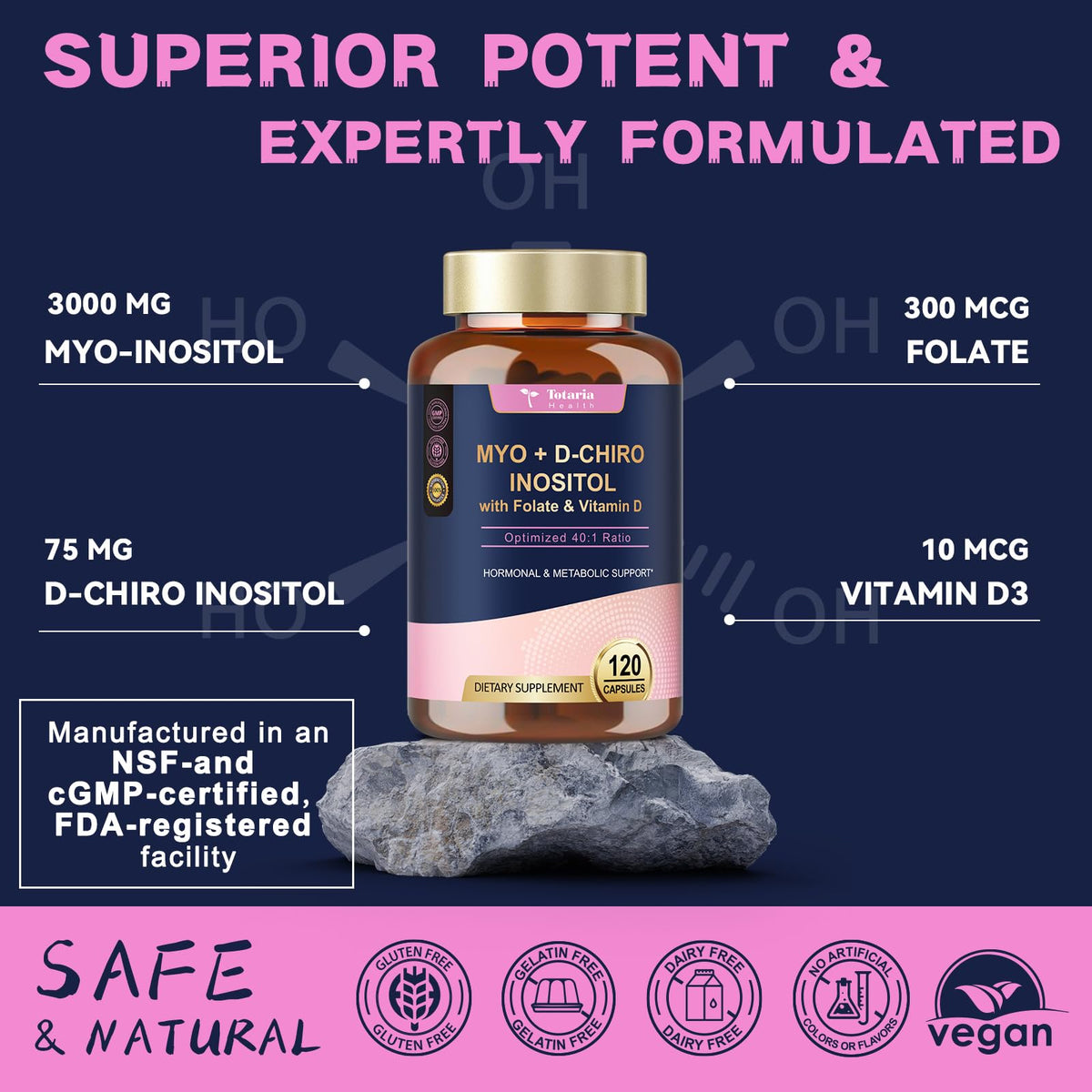 Totaria women's health supplement bottle showcasing vegan and non GMO seals.