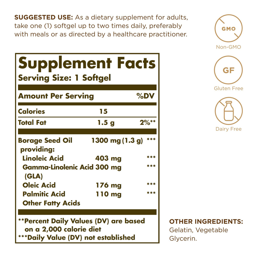 Solgar borage oil supplement bottle back label nutritional information
