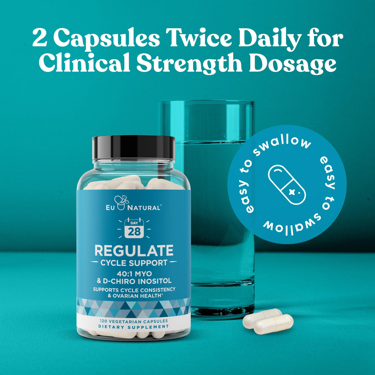 Close up of Eu Natural Regulate 2000mg Myo Inositol bottle
