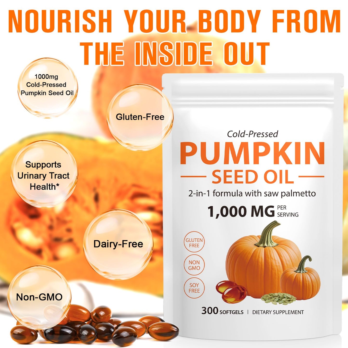 Onznoz supplement pouch highlighting cold-pressed pumpkin seed oil and saw palmetto