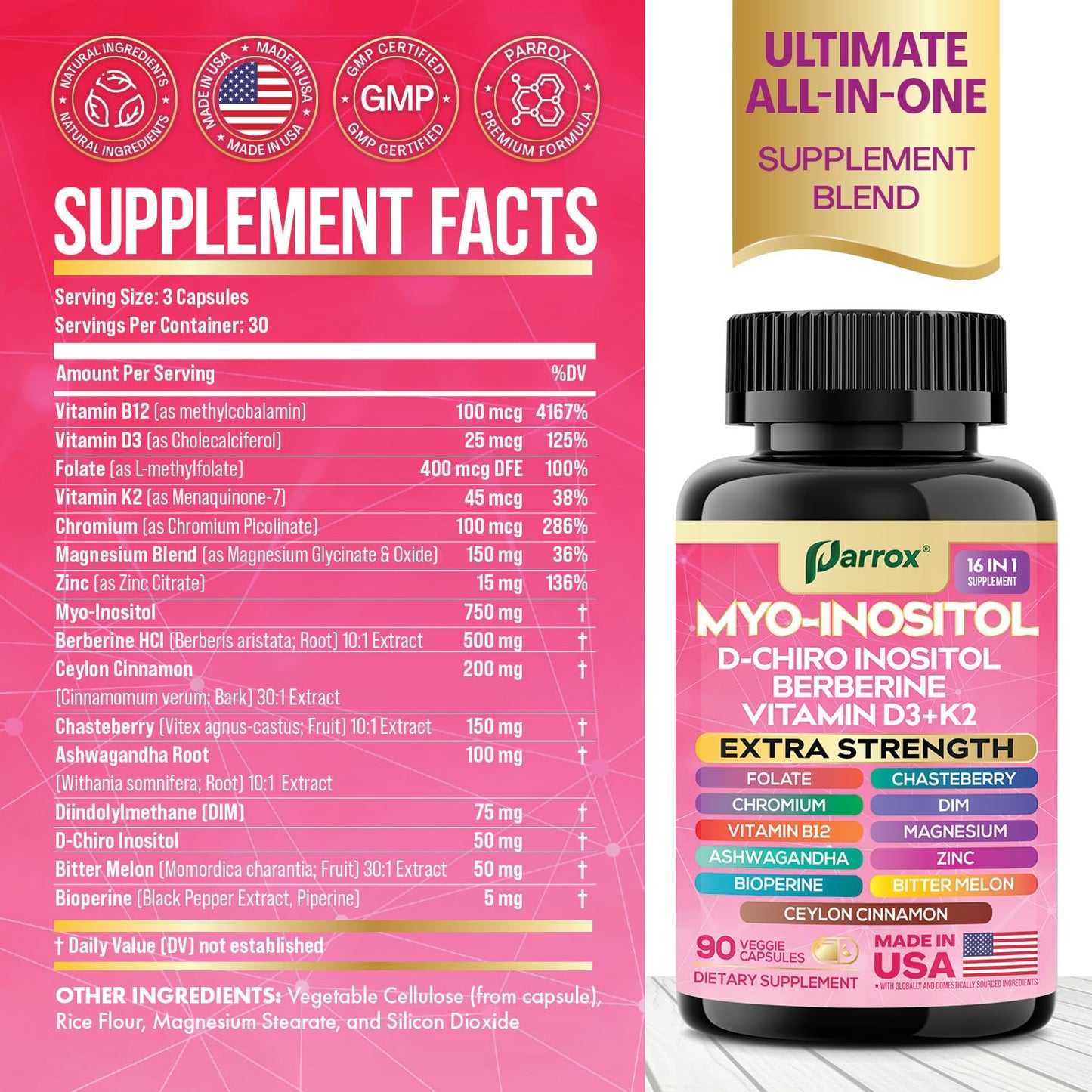Parrox Myo Inositol supplement supplement facts panel and 16-in-1 ingredients list