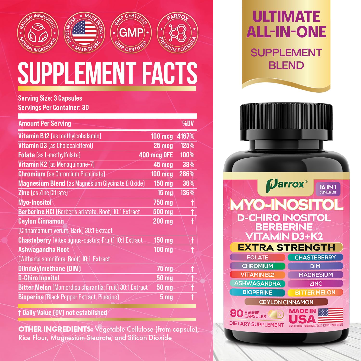 Parrox Myo Inositol supplement supplement facts panel and 16-in-1 ingredients list