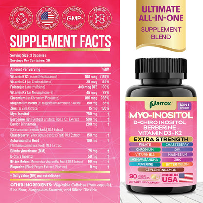 Parrox Myo Inositol supplement supplement facts panel and 16-in-1 ingredients list