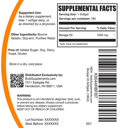 BulkSupplements Borage Oil 1000mg GLA supplement bottle on white background