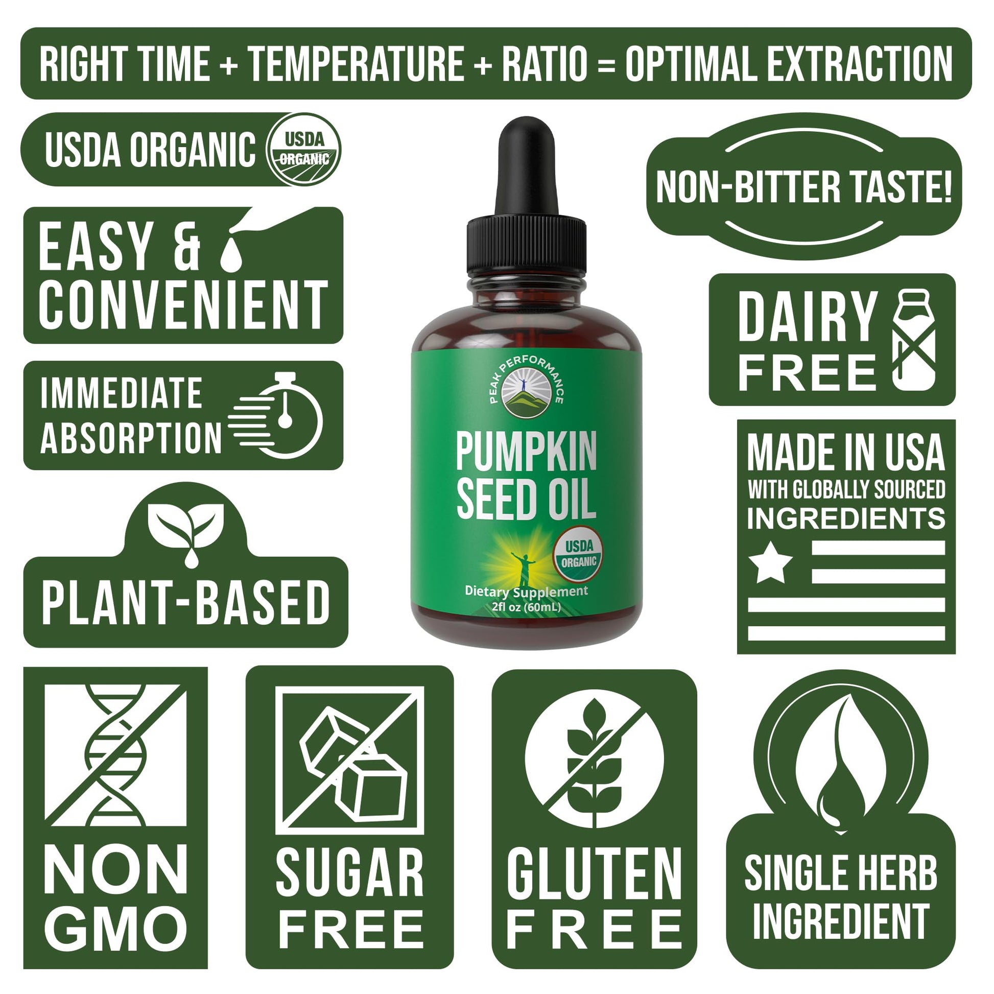 Peak Performance pumpkin seed oil bottle next to organic ingredients