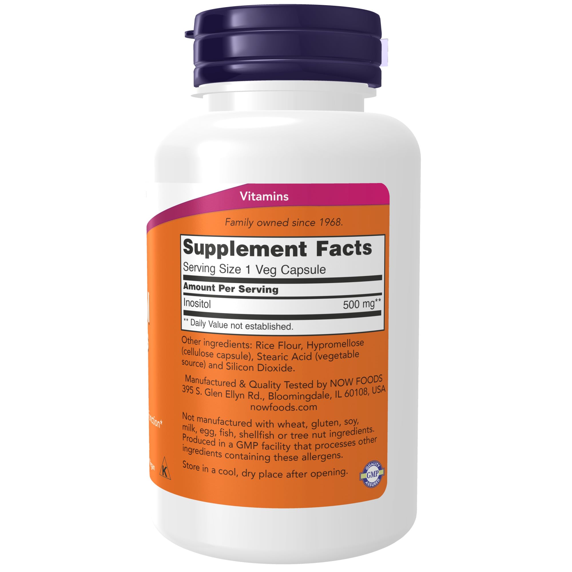 Now Foods Inositol supplement bottle showing 500mg dosage