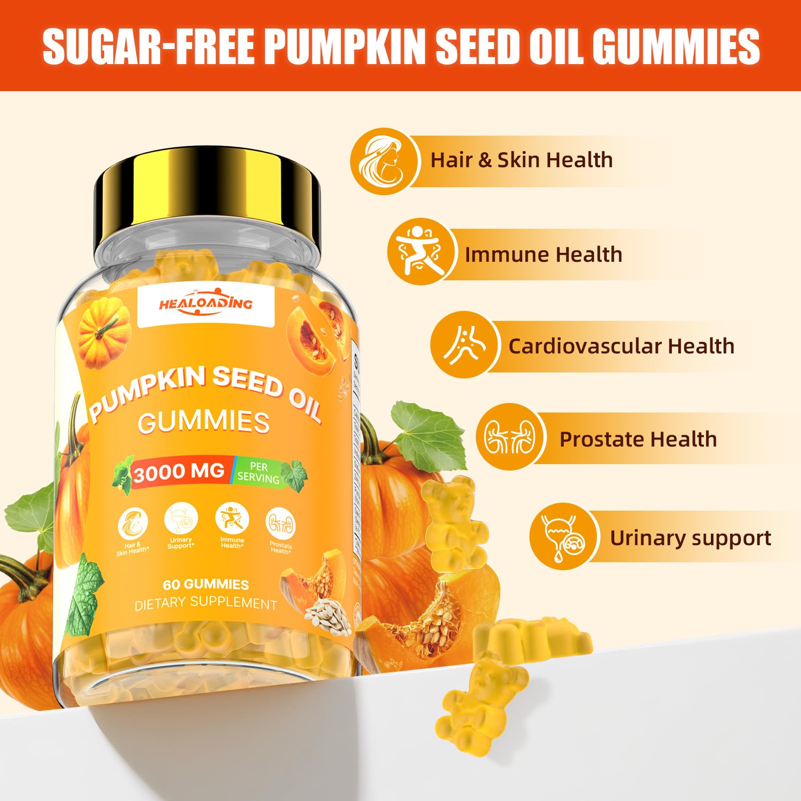 Healoading gummies packaging showing saw palmetto benefits