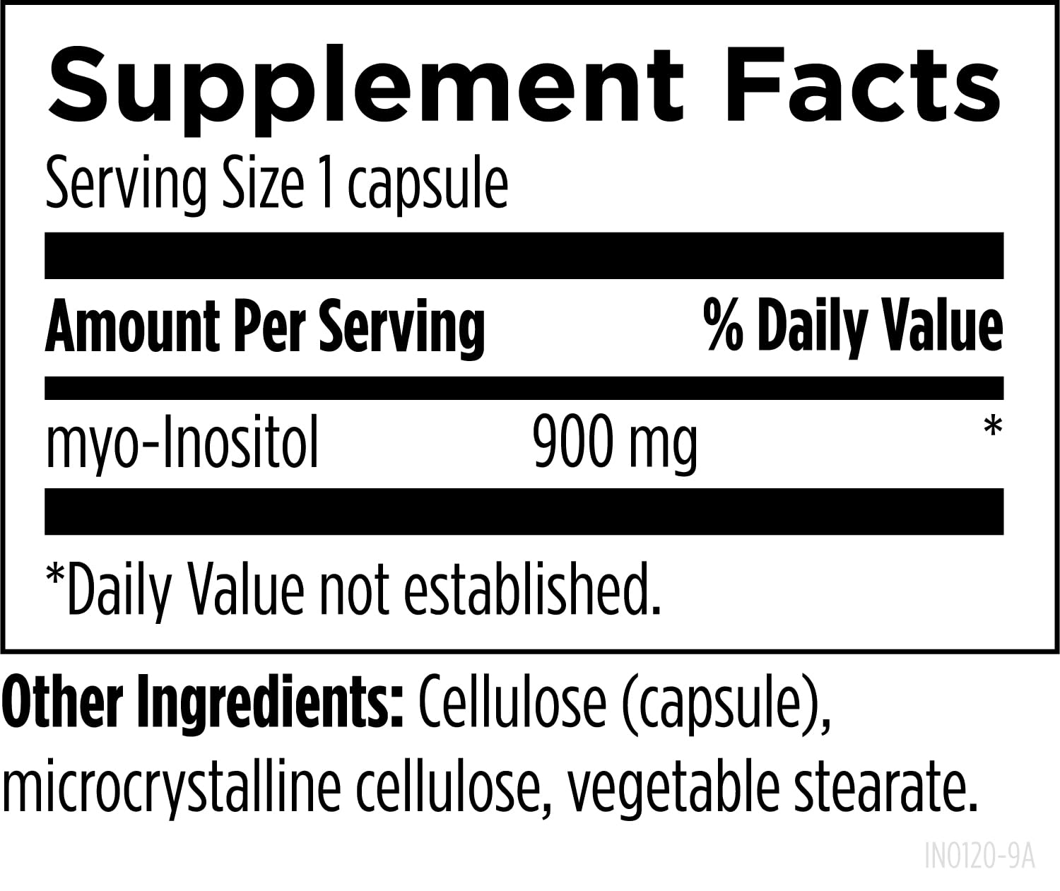 Side view of Designs for Health Inositol bottle showing dosage information