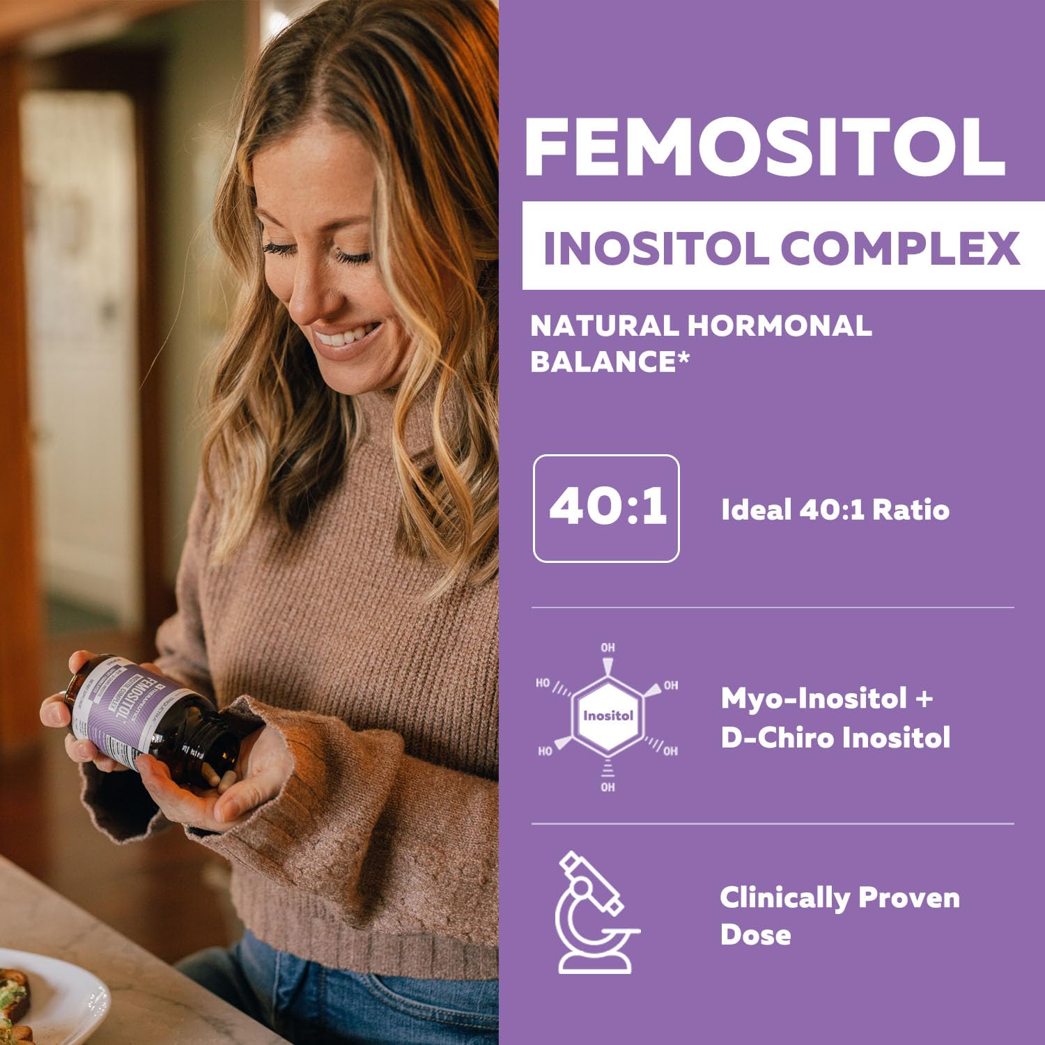 Side view of Triquetra Health Femositol bottle showing the ingredient list including Myo-Inositol and D-Chiro Inositol.