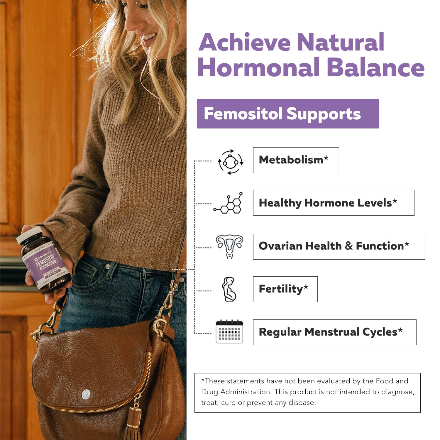 Triquetra Health Femositol dietary supplement capsules displaying the clean allergen free certification logos.