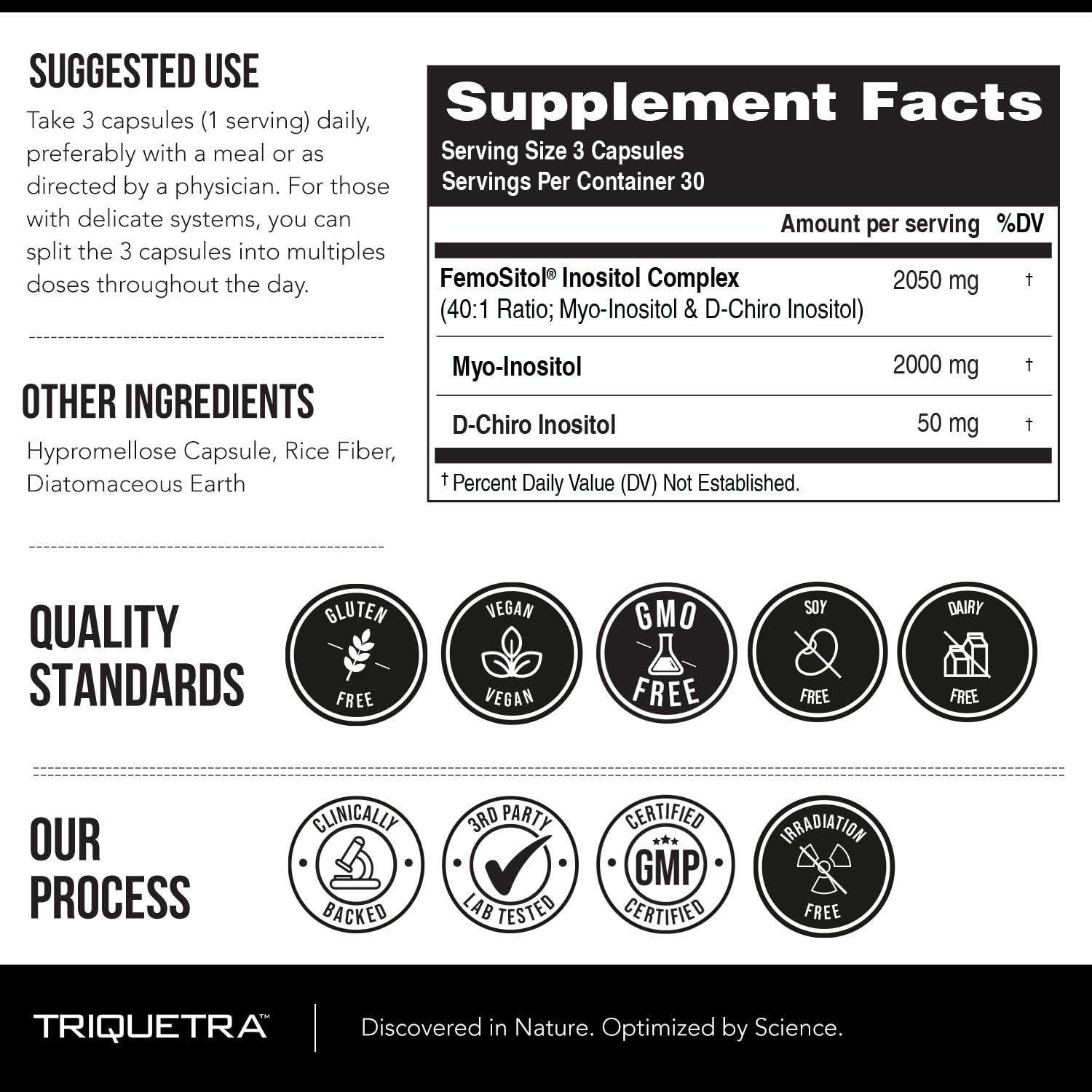 Authentic Triquetra Health Femositol packaging highlighting metabolic wellness and ovarian function support attributes.