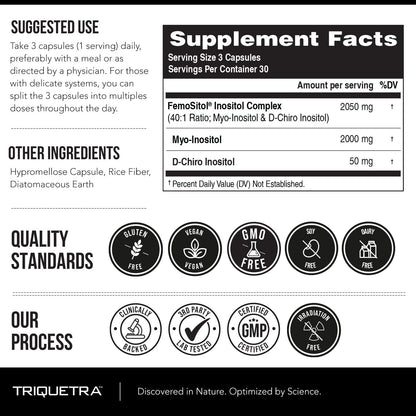 Authentic Triquetra Health Femositol packaging highlighting metabolic wellness and ovarian function support attributes.
