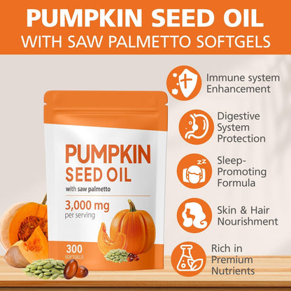 Close up of pumpkin seed oil and saw palmetto softgel capsules