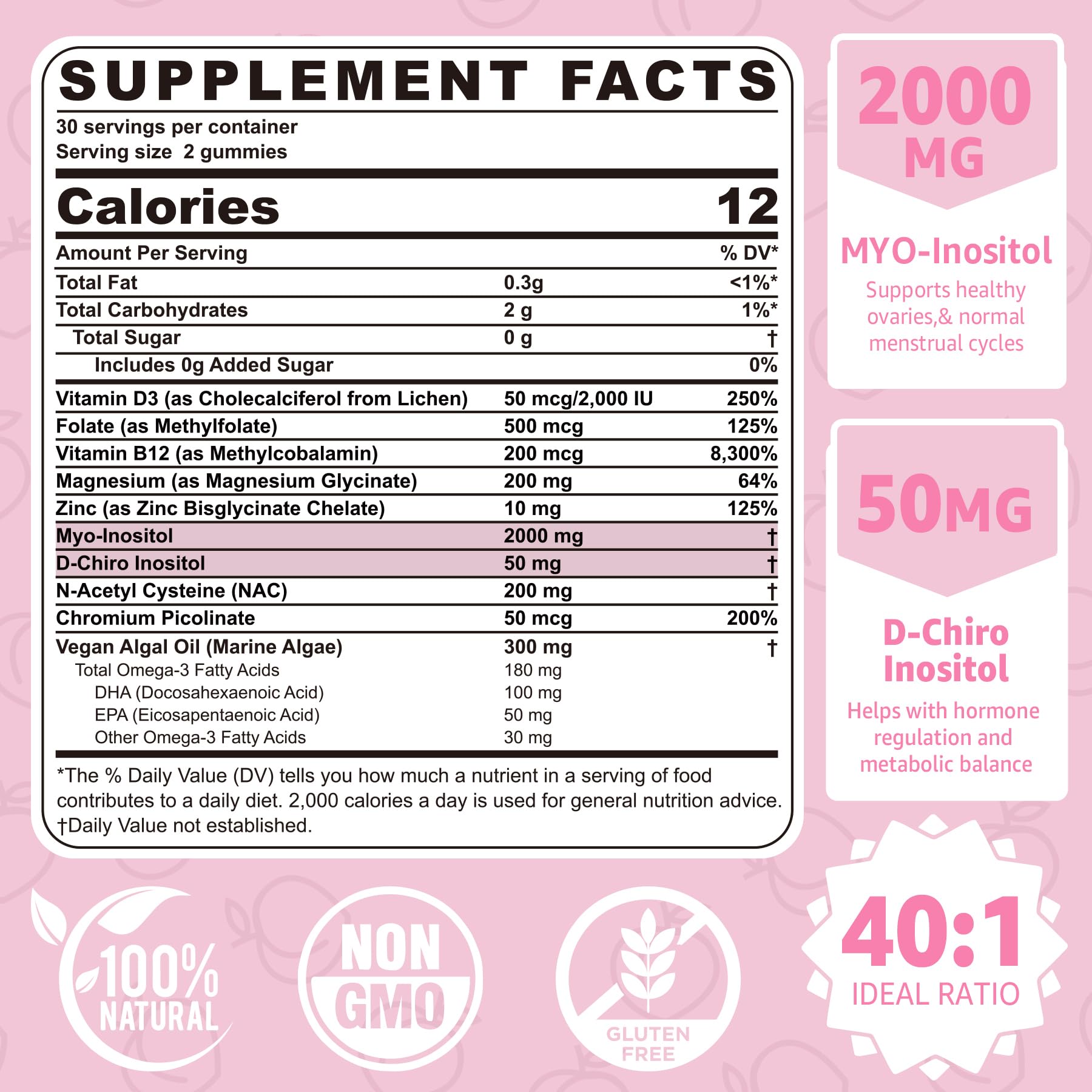 Neviss sugar free inositol gummies showing peach flavor and ingredient list label
