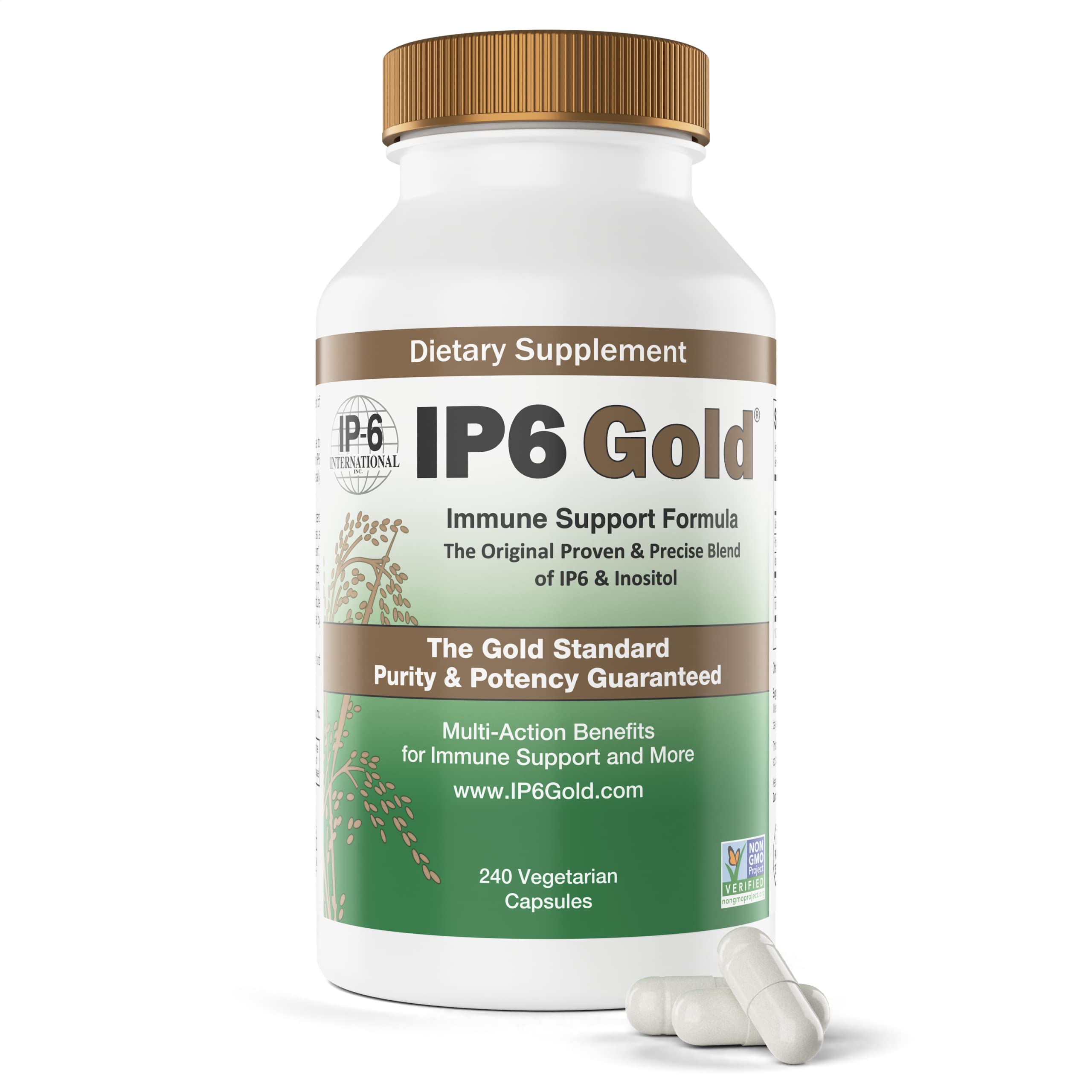 IP6 Gold supplement bottle displaying immune support benefits