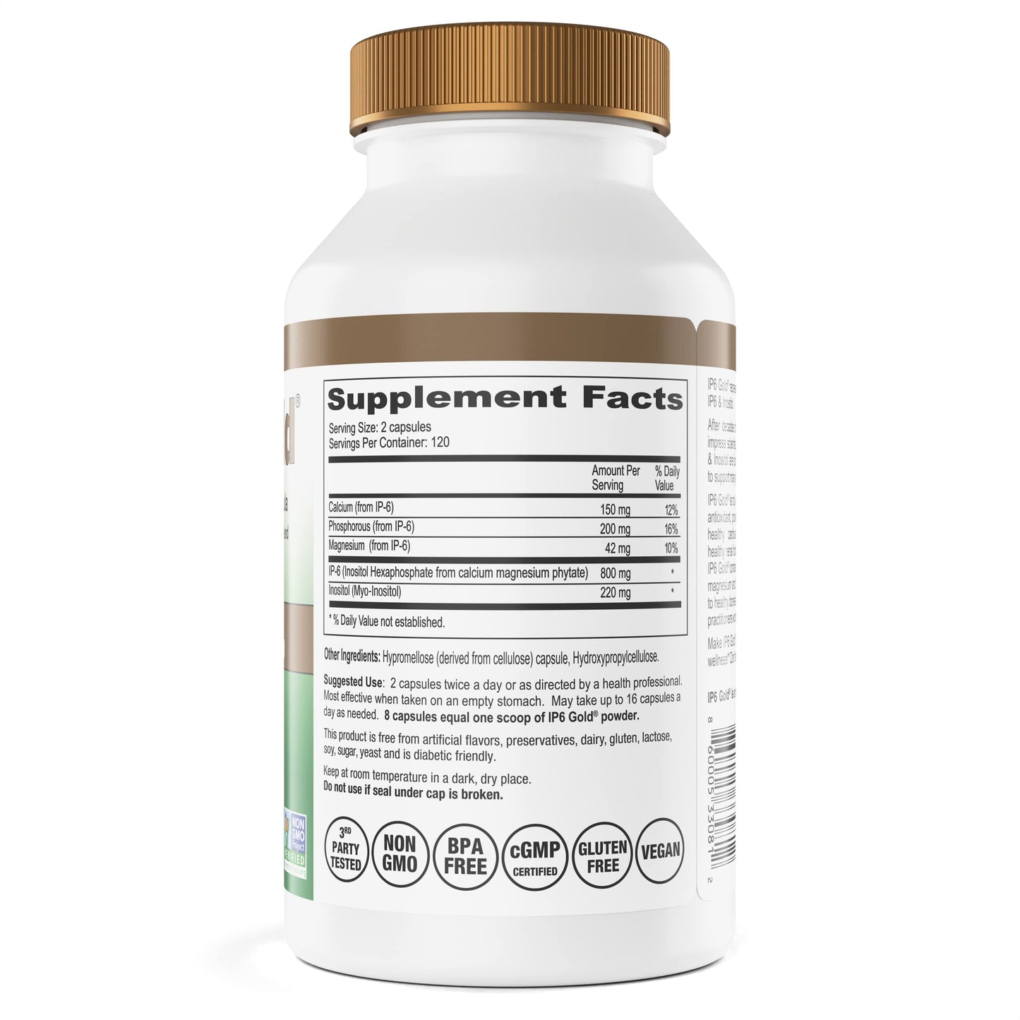 Label detail of IP6 Gold capsules showing Inositol and IP-6 ingredients