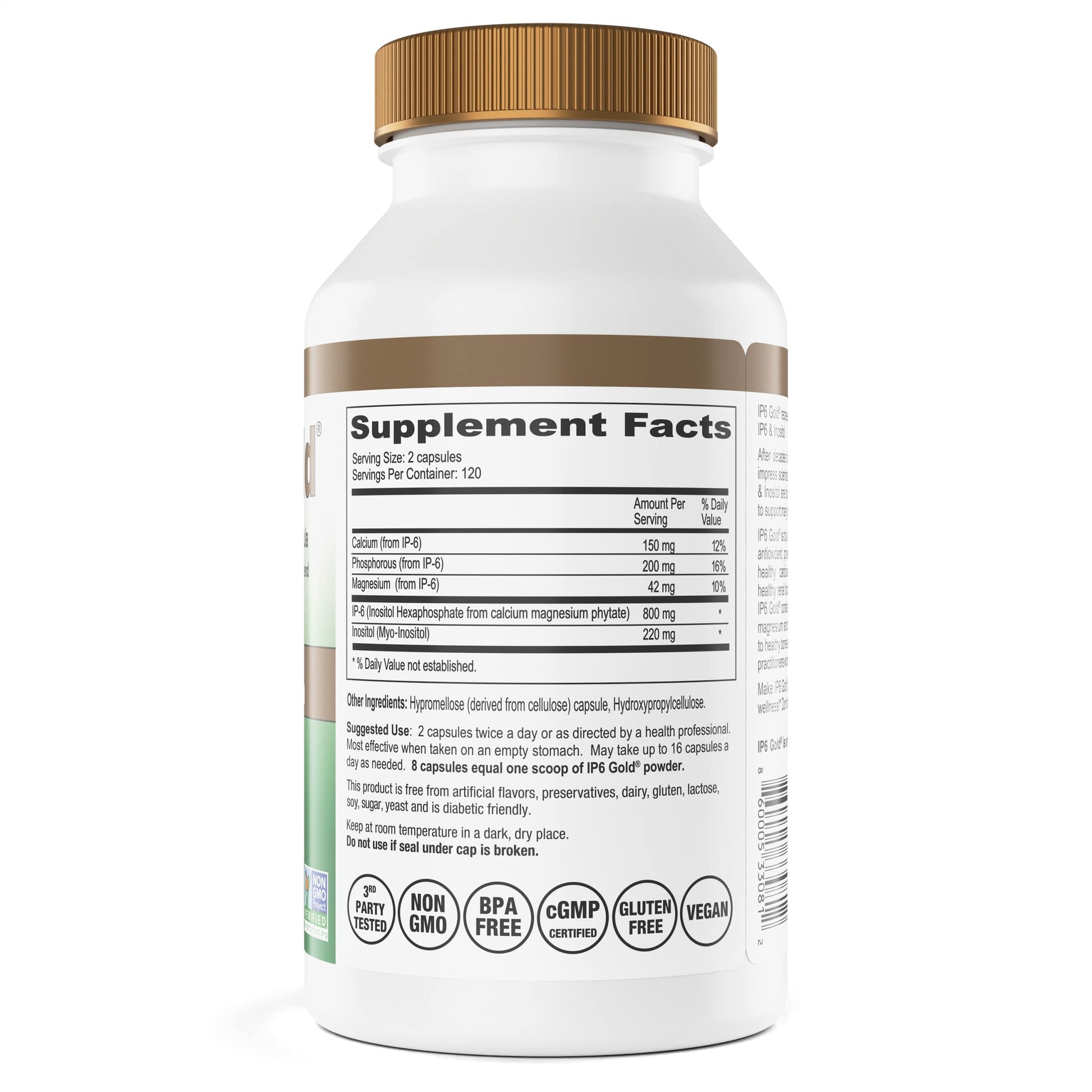 Label detail of IP6 Gold capsules showing Inositol and IP-6 ingredients