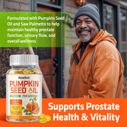 Duwhot Pumpkin Seed Oil capsules with saw palmetto text