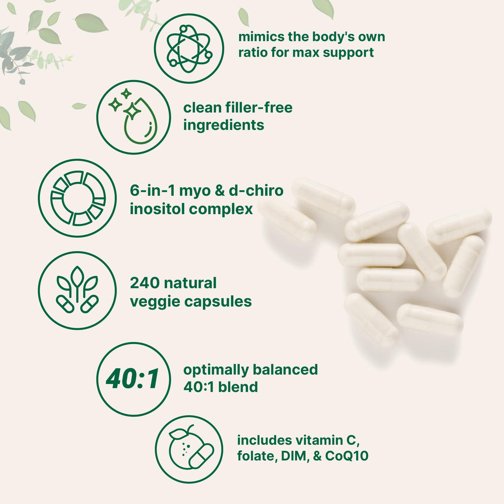 Supplement facts panel on Micro Ingredients Inositol capsules highlighting Folate, DIM, and CoQ10 ingredients.