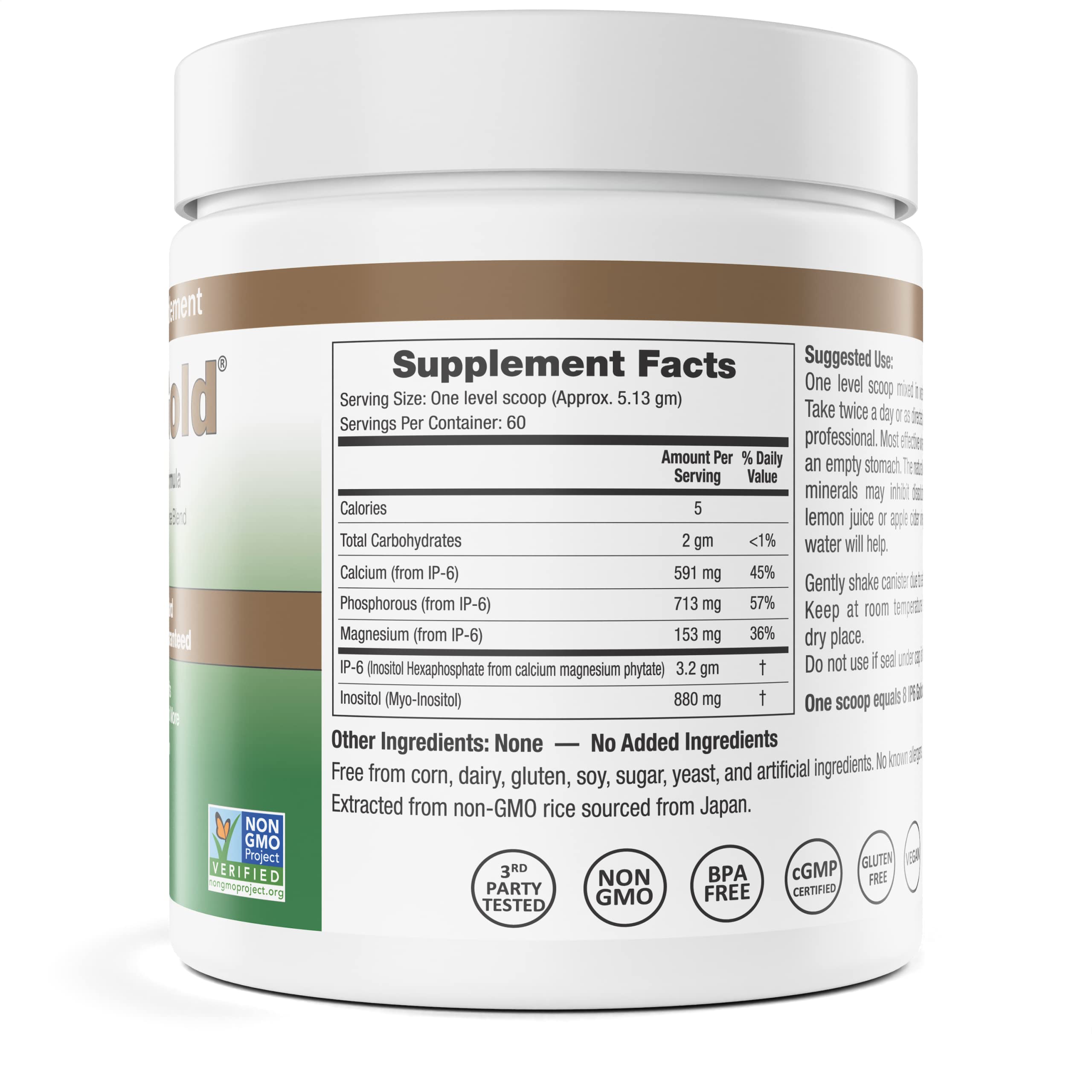 IP6 Gold powder label highlighting non-GMO rice bran source