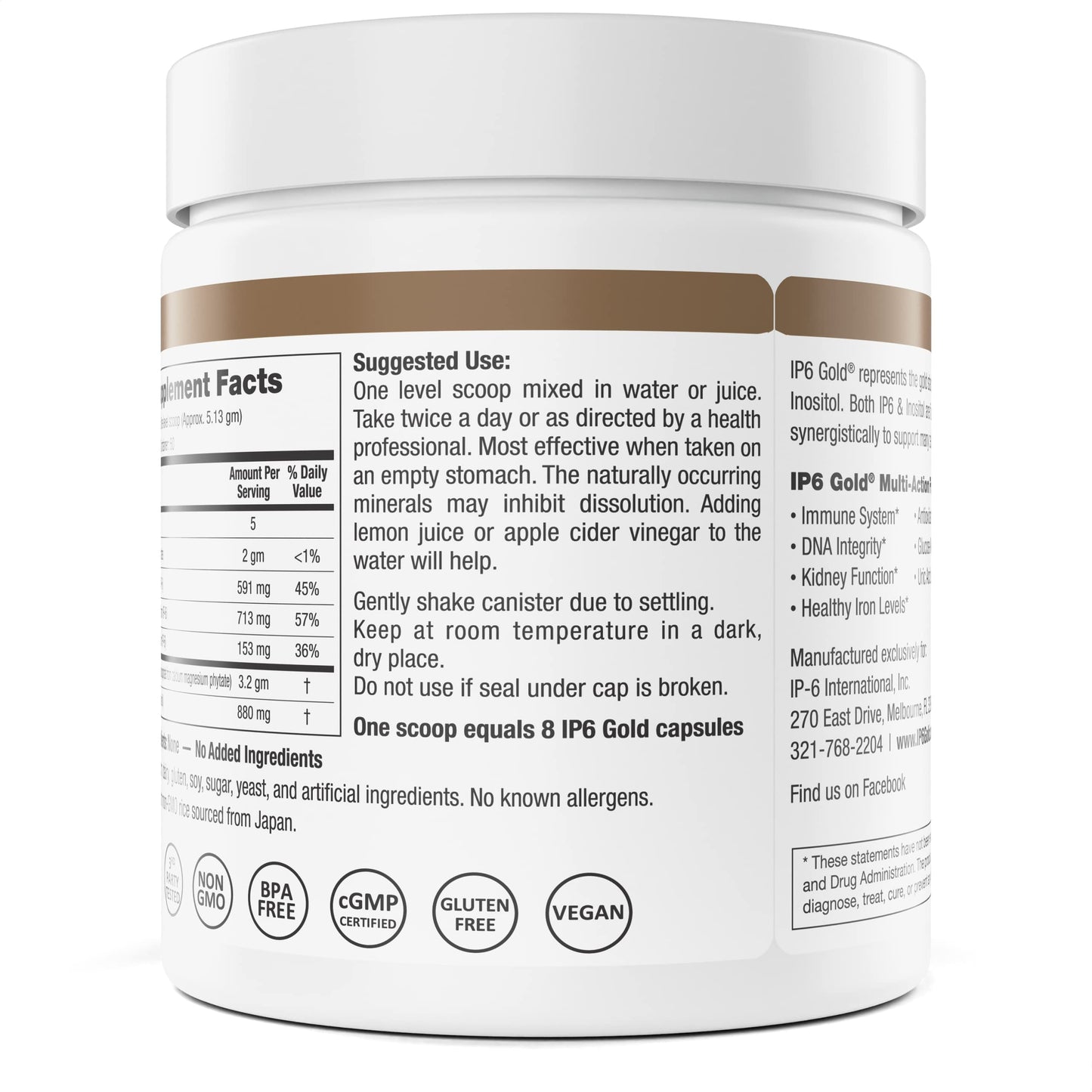 Side view of IP6 Gold supplement container showing serving size