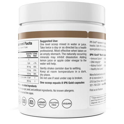 Side view of IP6 Gold supplement container showing serving size