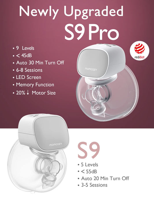 Momcozy S9 Pro hands-free pump showing silicone flange and parts