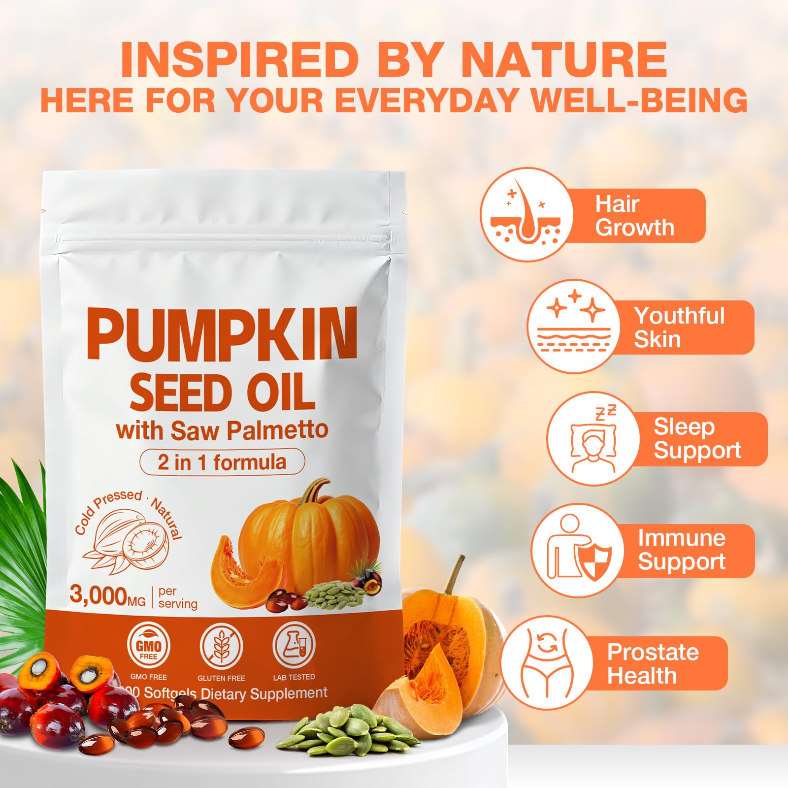 Close up of cold pressed pumpkin seed oil softgels for prostate health