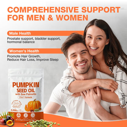 Saw palmetto and pumpkin seed oil benefits infographic for DHT blocking