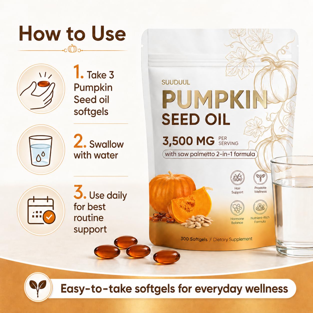 Suuduul 2-in-1 formula softgels in a glass bowl