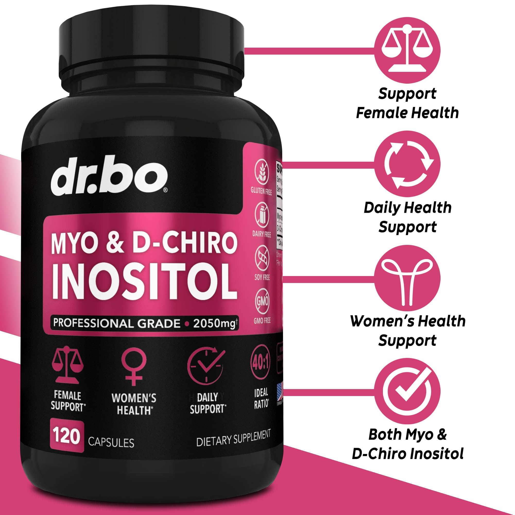 Dr Bo Myo and D Chiro Inositol 120 capsules nutritional facts label side view