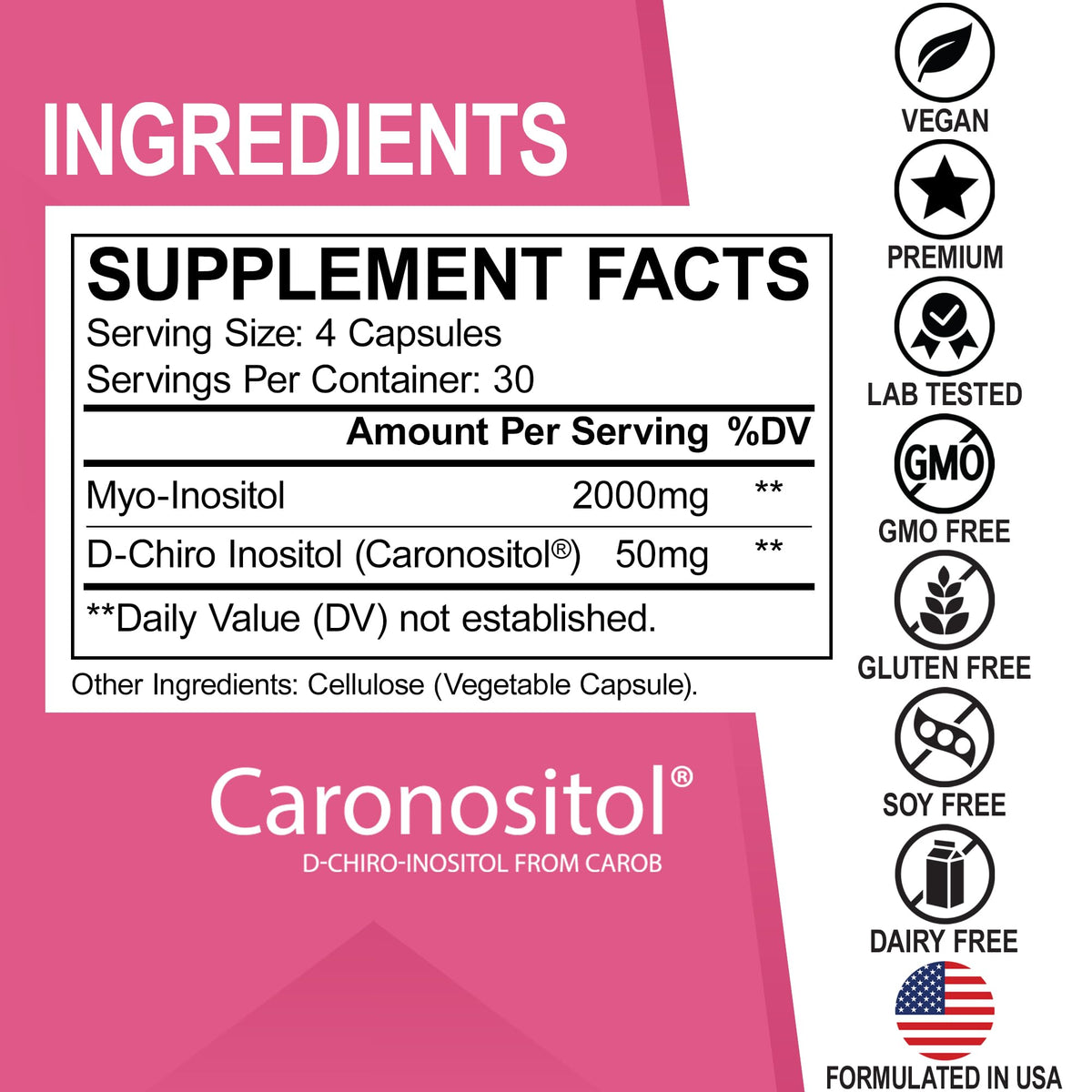 Gluten free and non GMO Dr Bo Inositol capsules clean label view